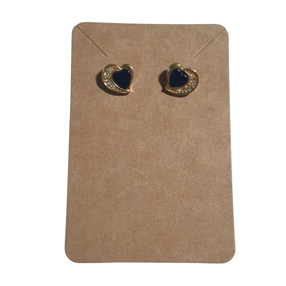 Vintage Stud Earrings Gold Tone Heart Black Enamel Clear Crystal Mom Gift